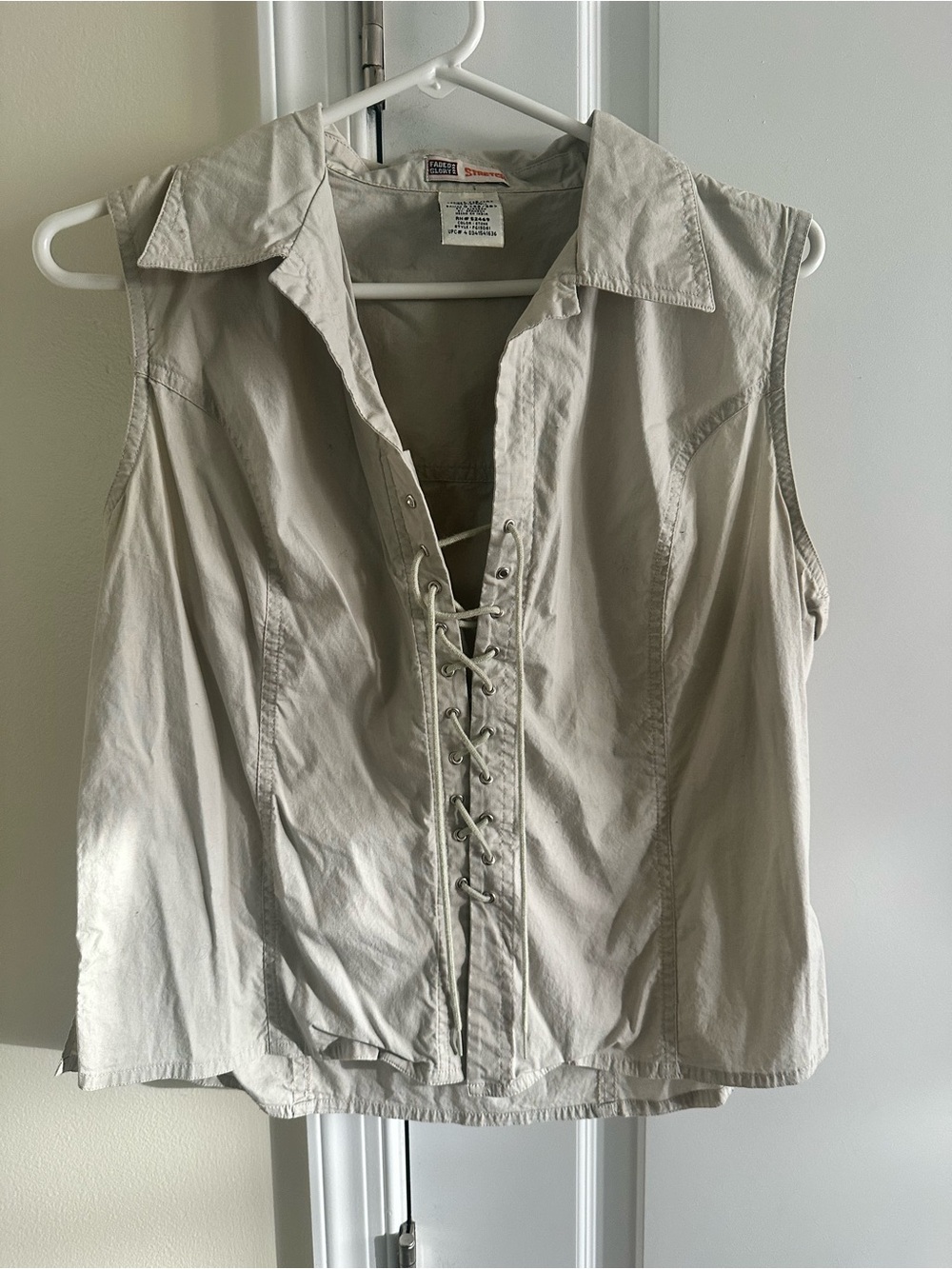 Faded Glory Sleeveless Lace-Up Collared Top - Light Taupe